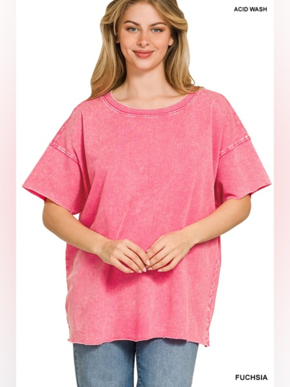 Z18 Zenana Pink ACID WASH FRENCH TERRY DROP SHOULDER RAW EDGE TOP